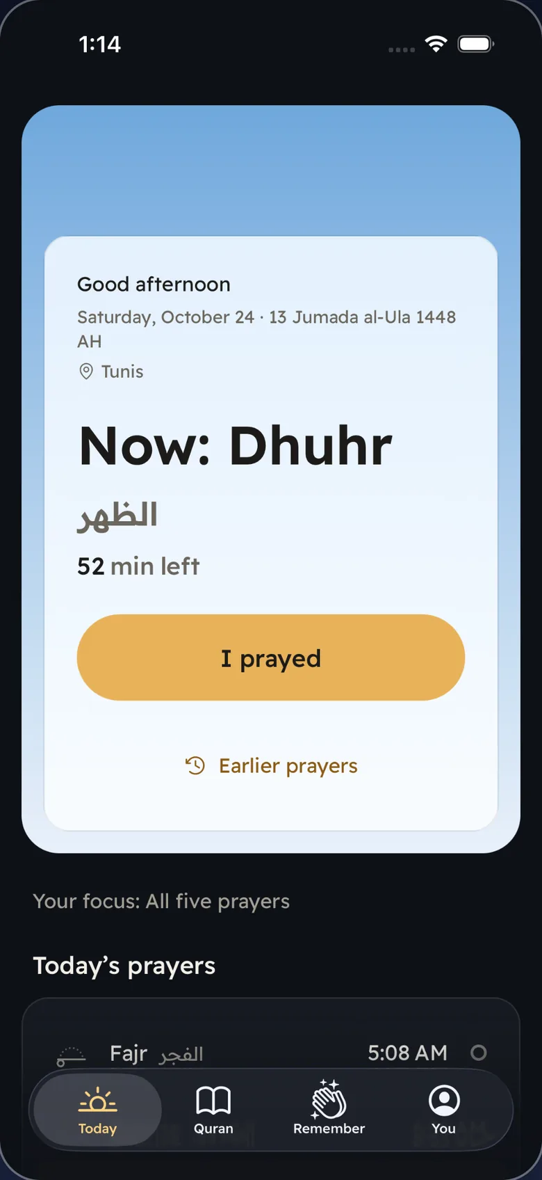Al-Murshid iPhone app Today screen: Now: Dhuhr, 52 minutes left, I prayed