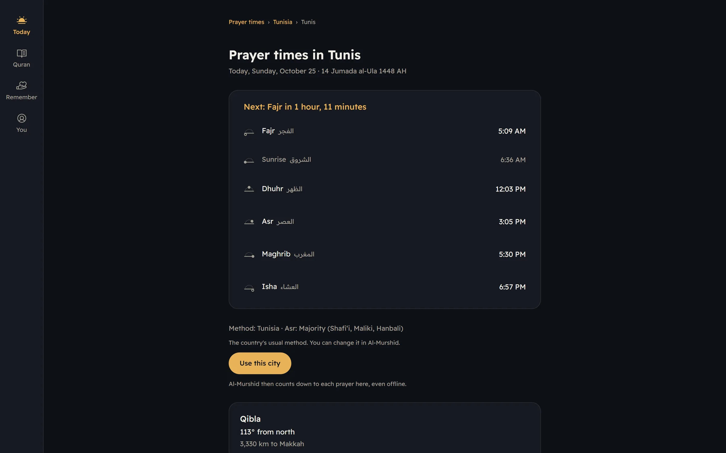Al-Murshid public prayer times page for Tunis: next prayer countdown, the six times, the calculation method and a Qibla card