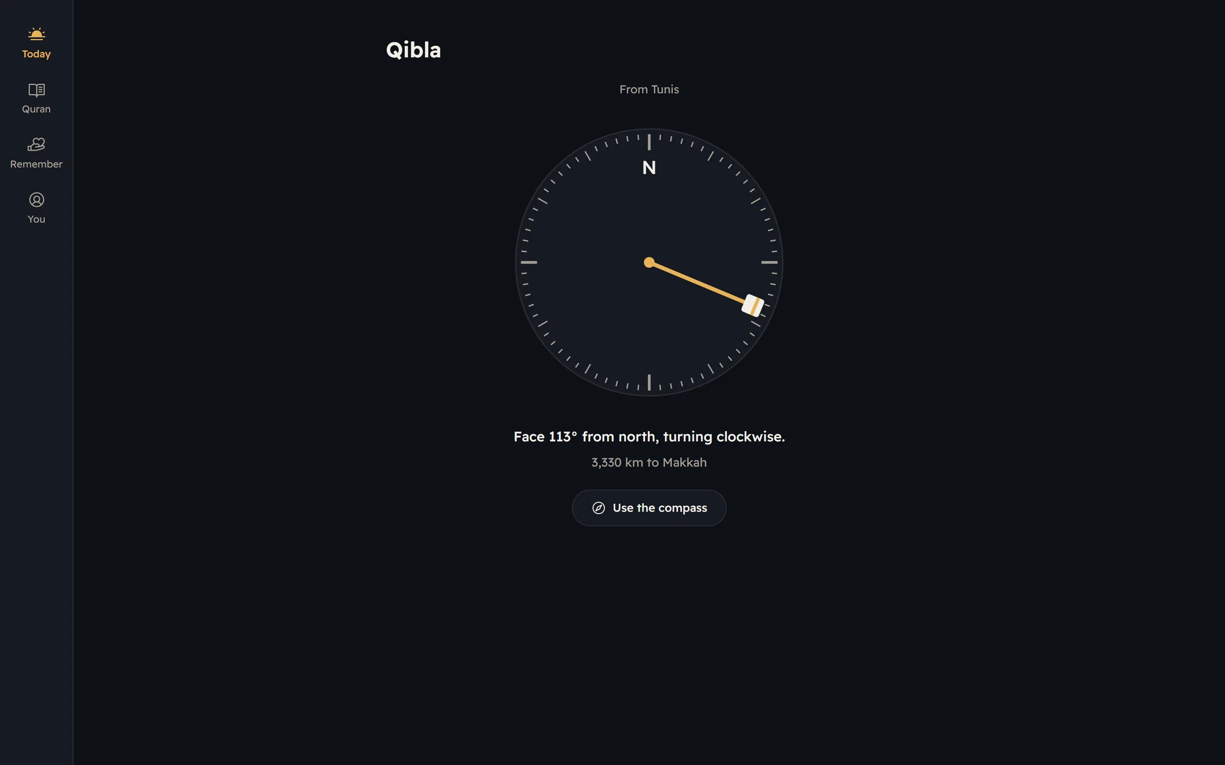Al-Murshid Qibla page: a compass pointing 113 degrees from north, 3,330 km to Makkah