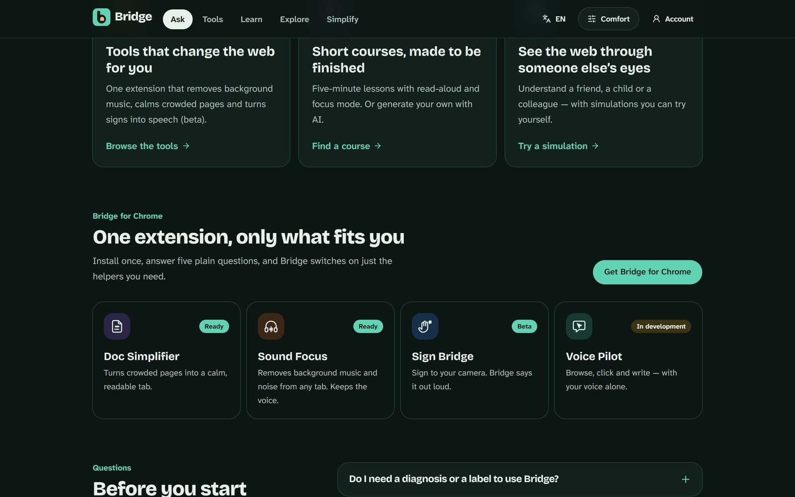 Bridge for Chrome: Doc Simplifier, Sound Focus, Sign Bridge and Voice Pilot