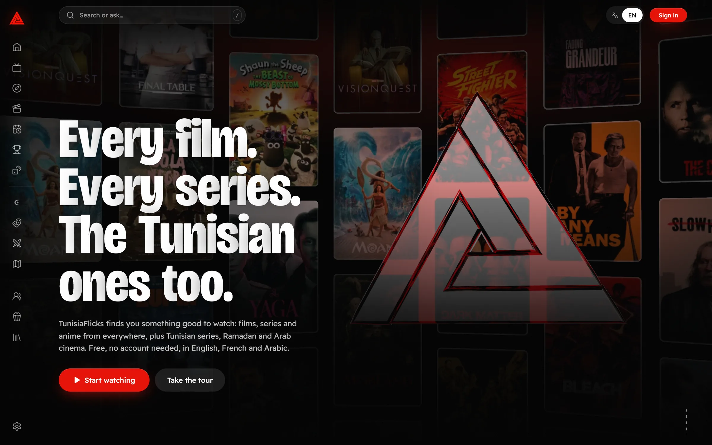 TunisiaFlicks about page: Every film. Every series. The Tunisian ones too., over a wall of posters