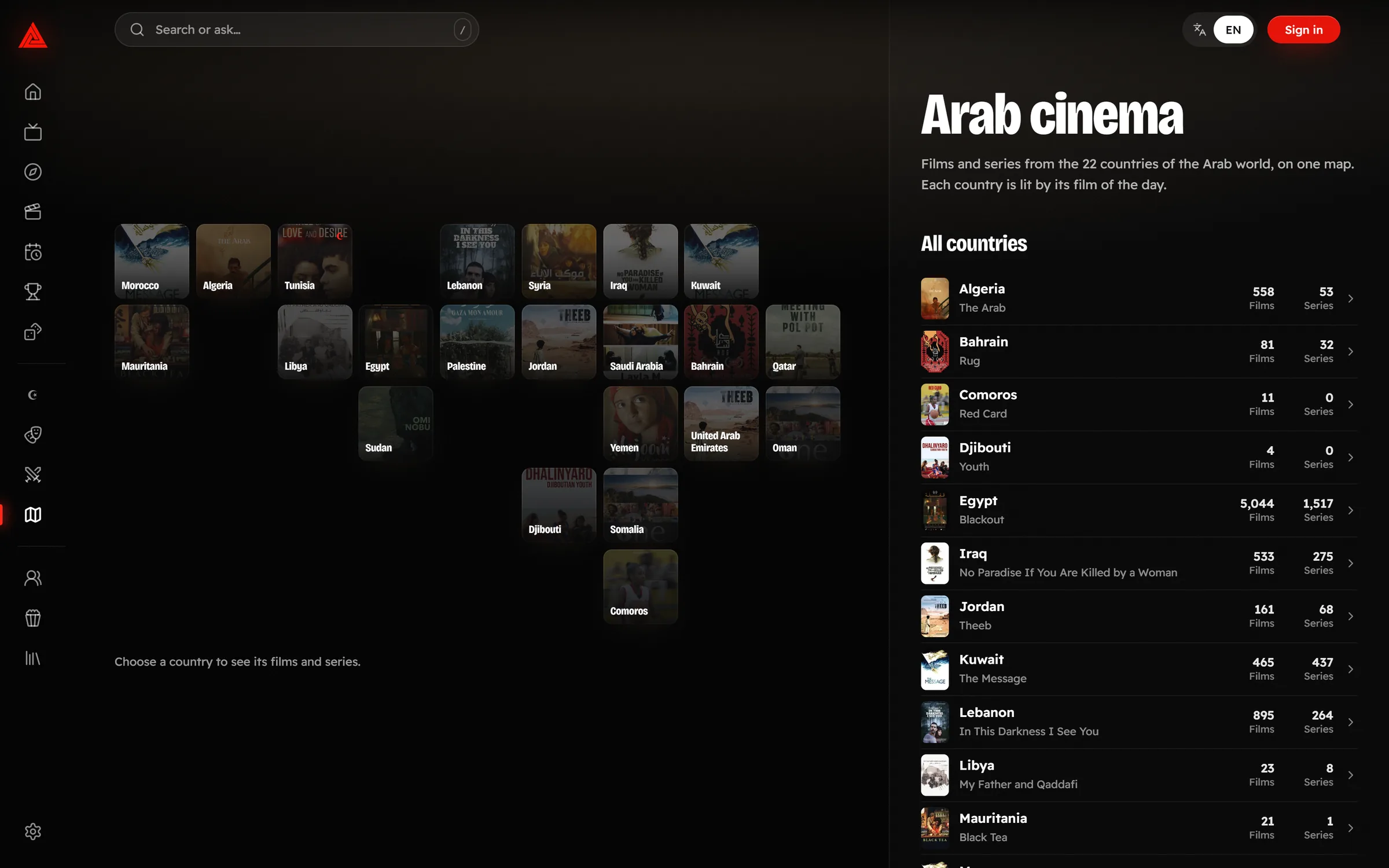 TunisiaFlicks Arab cinema map: a tile for every Arab country showing its film of the day, beside a list of countries with film and series counts