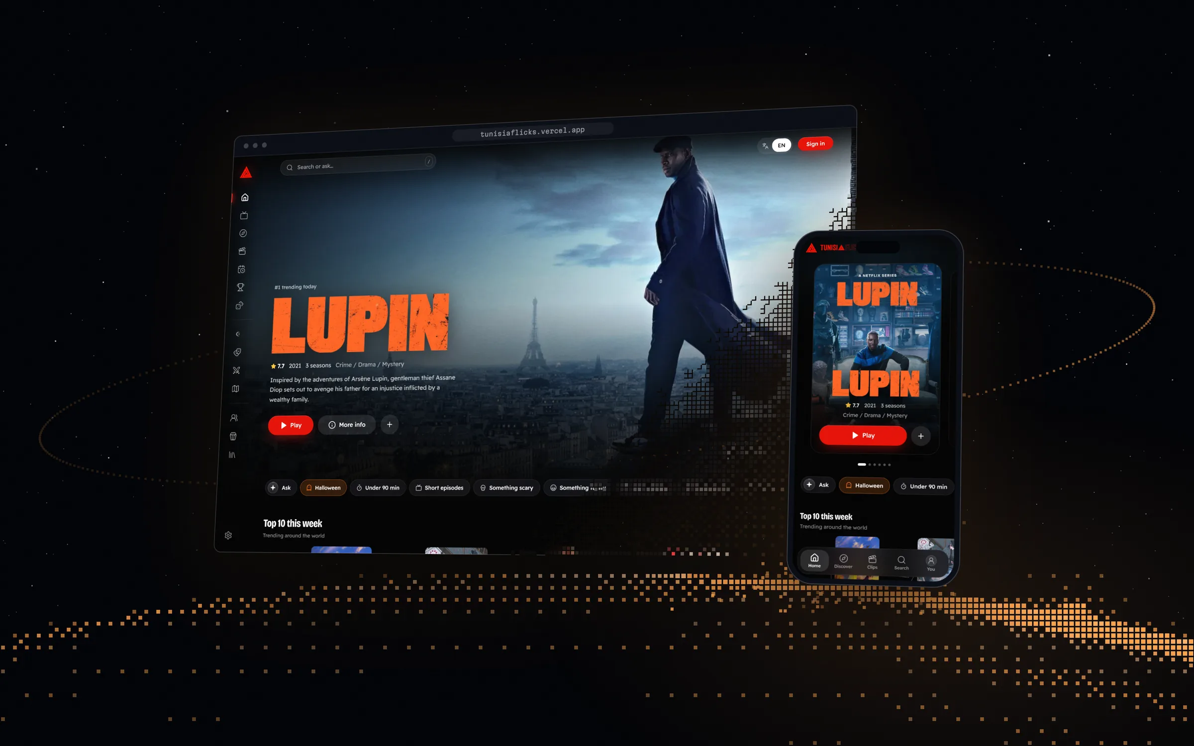 TunisiaFlicks cover: the live product on screen, above a dotted planet