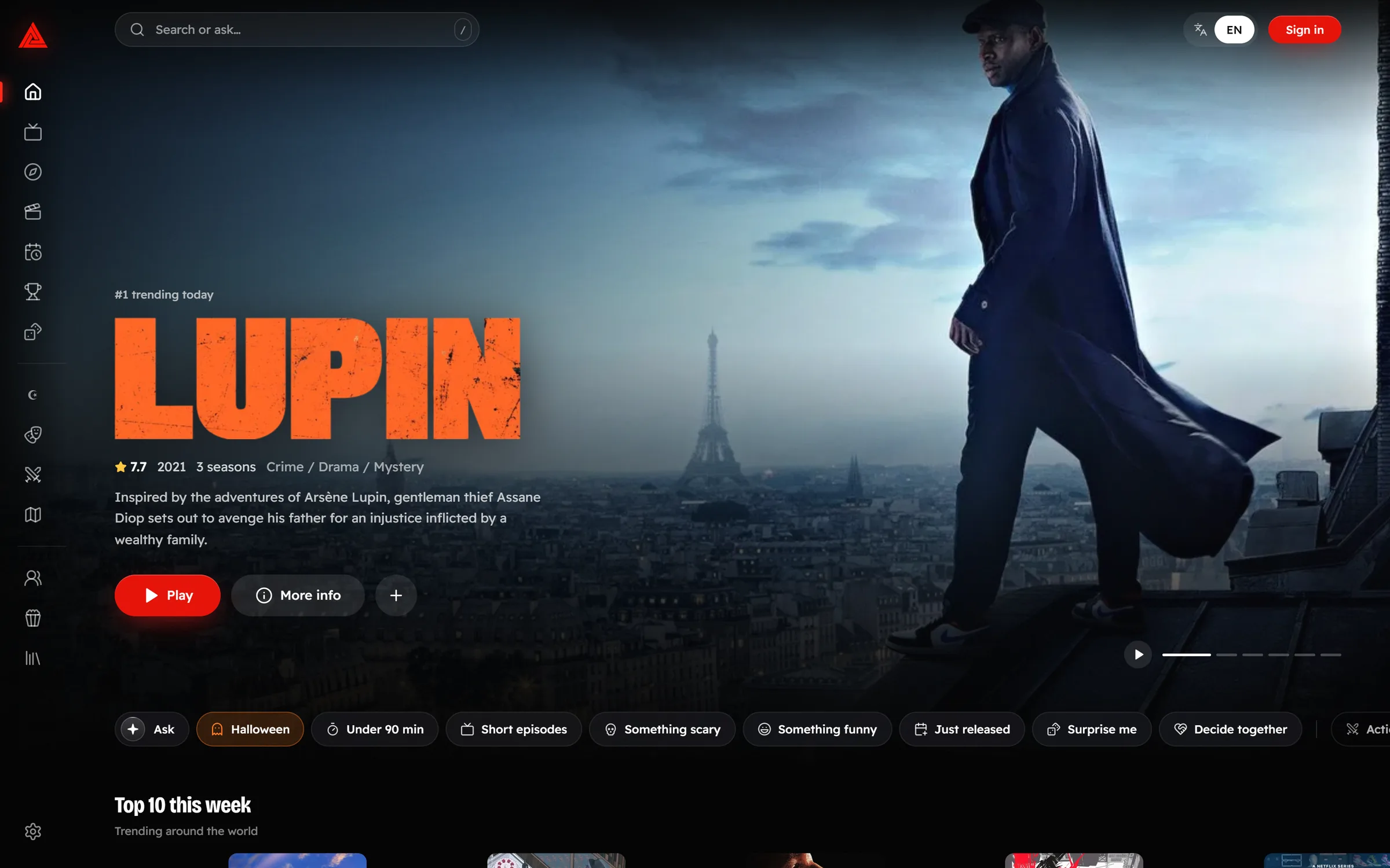 TunisiaFlicks home page with the number-one trending series as a billboard, quick chips such as Ask, Halloween and Under 90 min, and the start of Top 10 this week
