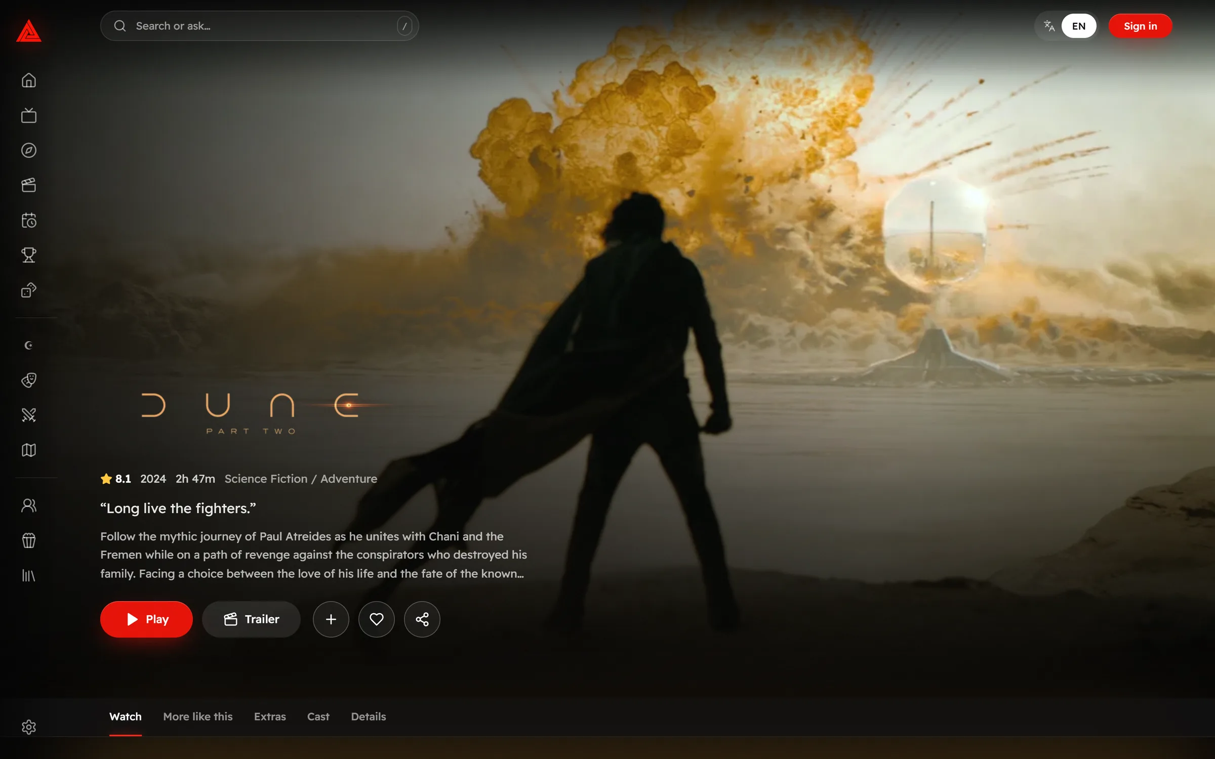 TunisiaFlicks film page for Dune: Part Two with rating, runtime, tagline, Play and Trailer buttons, and tabs for more like this, extras, cast and details