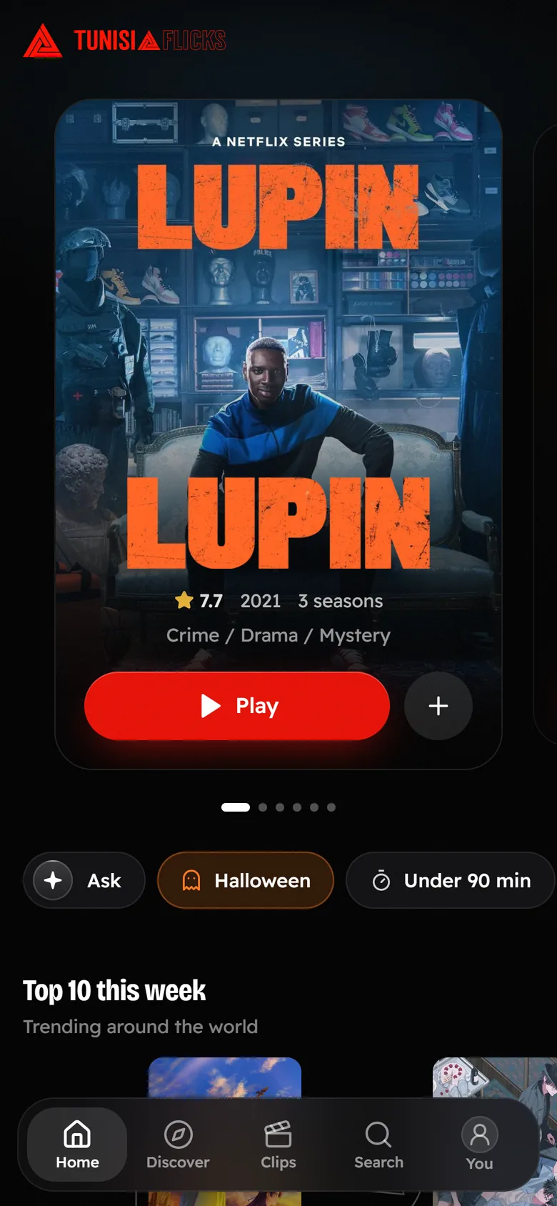 TunisiaFlicks home on a phone with a poster card, chips, Top 10 and a bottom tab bar
