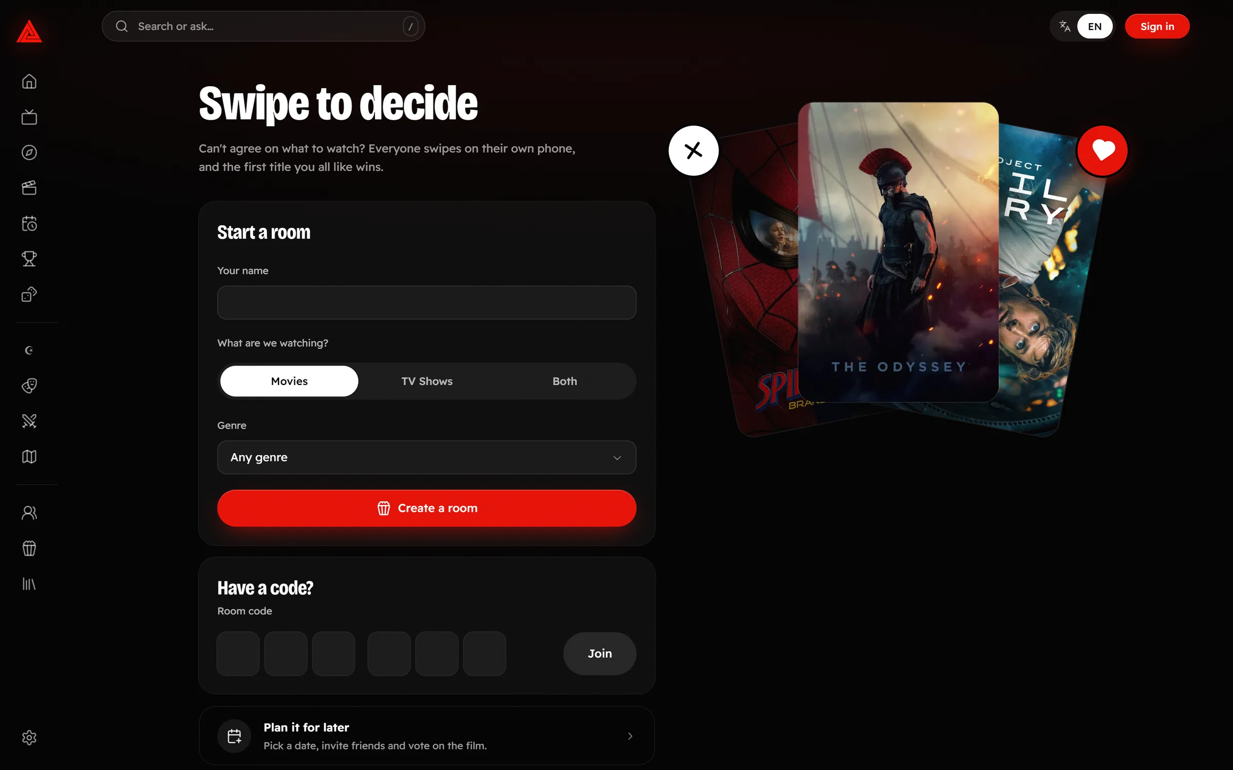 TunisiaFlicks Swipe to decide: start a room with a type and genre, or join one with a code