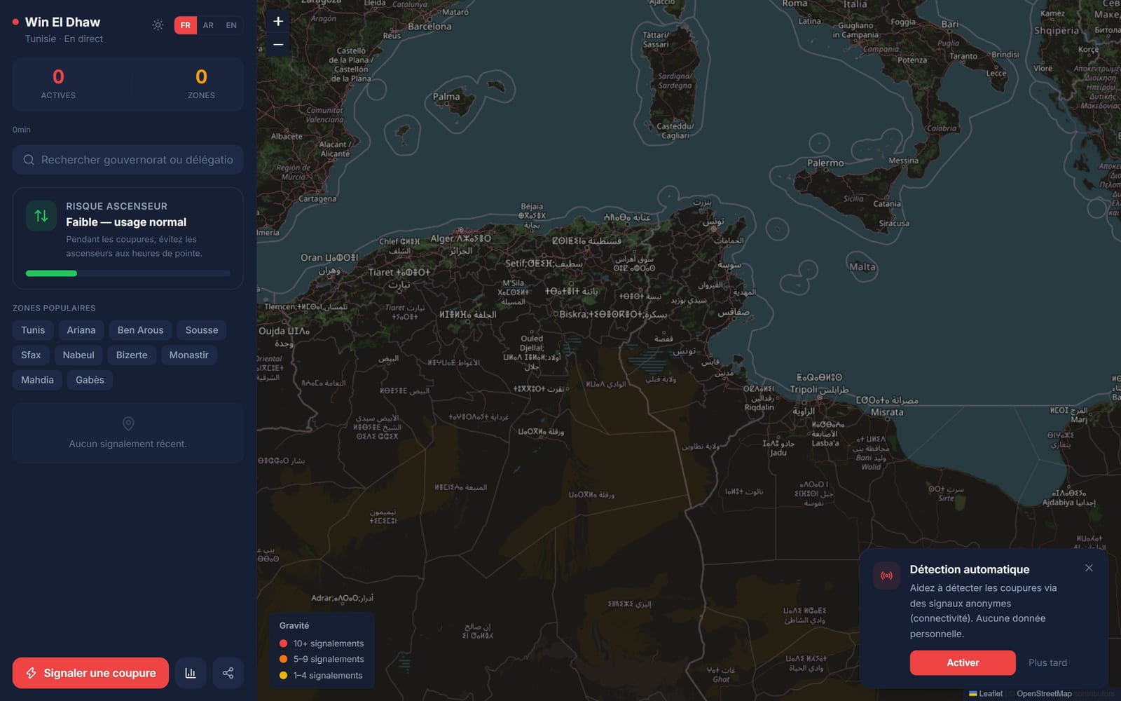 Win El Dhaw live map, with the outage panel and the opt-in for automatic detection